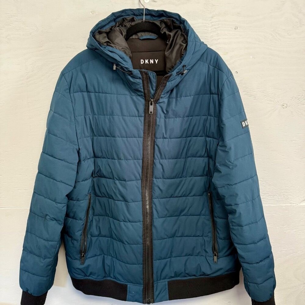 DKNY Mens Teal Blue Hooded Puffer Jacket Quilted Full Zip Coat XXL RN54163